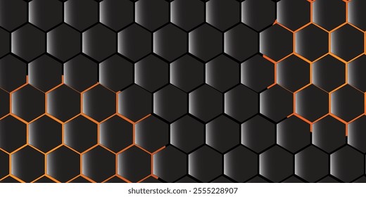 Geometric hexagon shapes on a black background. Seamless futuristic pattern. black polygon hitch technology wallpaper. Embossed Hexagon , honeycomb. light and shadow. Hexagonal metal background.