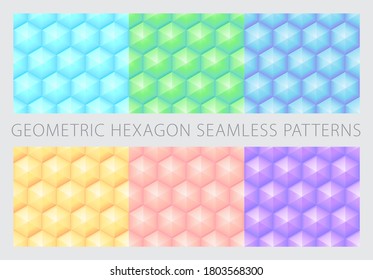 Geometrisches Hexagon formt nahtlose Muster pastellfarben Set. hellblau, grün, blau, gelb, pfirsichfarben, violetter Hintergrund. Vektorgrafik.