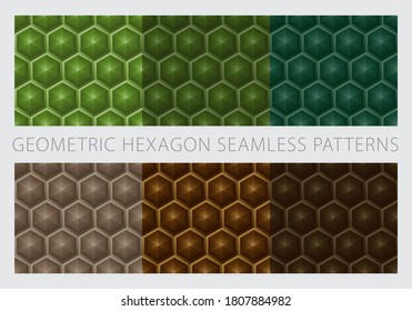 Geometric hexagon shapes seamless patterns. Color earth tone set. Green and brown background. Vector illustration.