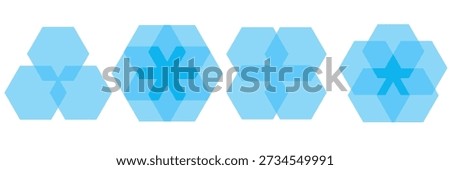 Geometric hexagon venn diagram sequence with multiple overlapping section variations vector infographic for data intersection balance chart model business graphic blue element clean design layout