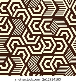 Geometric Hexagonal Abstract Seamless Pattern in Brown and Cream for textile print on fabric