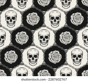 Motif géométrique hexagonal avec crânes humains, roses, chaînes d'acier, rivets. Arrière-plan monochrome dans un style vintage. Bon pour les vêtements masculins, les vêtements, les tissus, les articles de sport.