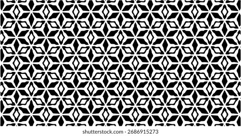 Padrão hexagonal geométrico com formas de estrela preto e branco entrelaçadas, criando um design óptico moderno perfeito. Perfeito para fundos, papéis de parede e têxteis