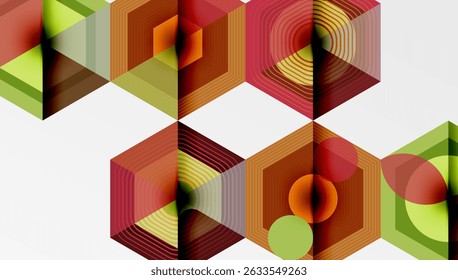 Geometric hexagons create optical illusion. Warm colors dominate design, offering modern aesthetic. Shapes overlap, forming complex patterns.