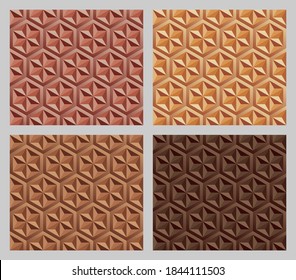Geometric hexagram shapes seamless patterns. Earth tone orange color background set. Vector illustration.