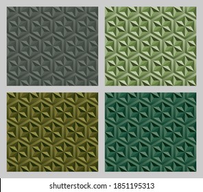 Geometric hexagram shapes seamless patterns. Earth tone green color background set. Vector illustration.