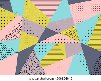 Geometric Hipster Background With Gold Triangle, Dot, Line, Zig Zag Pattern In Memphis 80-90s Style. 