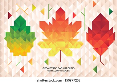 Geometric hipster background made of triangles with colorful autumn leaves.