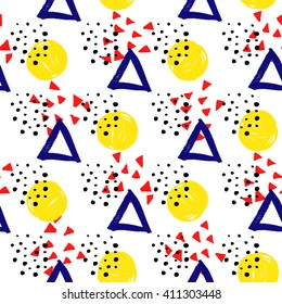 Geometric hipster seamless pattern. Hand drawn texture in 80s - 90s style. Brush stroke background with triangles. circles, cross