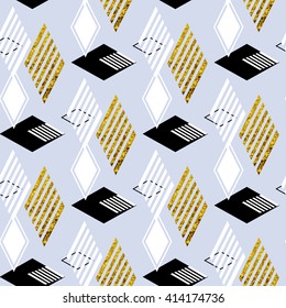 Geometric hipster seamless repeat pattern in black, white, blue, gold colors. 