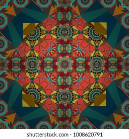 Geometric hipster tiles background. Abstract retro seamless pattern of geometric shapes. Colorful mosaic backdrop in pink, blue and orange colors. Vector illustration.