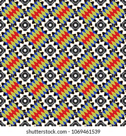 Geometric hipster tiles background. Abstract retro seamless pattern of geometric shapes. Colorful mosaic backdrop in blue, orange and white colors. Vector illustration.