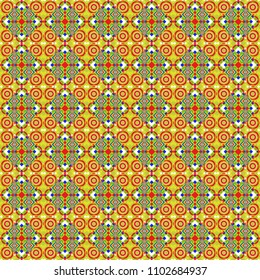 Geometric hipster tiles background. Abstract retro seamless pattern of geometric shapes. Vector illustration. Colorful mosaic backdrop in orange, neutral and green colors.