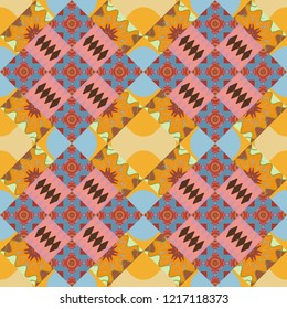 Geometric hipster tiles background. Abstract retro seamless pattern of geometric shapes. Vector illustration. Colorful mosaic backdrop in blue, beige and yellow colors.
