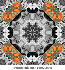 Geometric hipster tiles background. Abstract retro seamless pattern of geometric shapes. Vector illustration. Colorful mosaic backdrop in brown, blue and gray colors.
