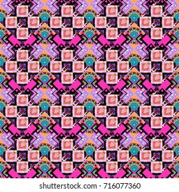 Geometric hipster tiles background. Abstract retro seamless pattern of geometric shapes. Colorful mosaic backdrop in white, black and pink colors. Vector illustration.
