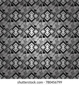 Geometric hipster tiles background. Abstract retro seamless pattern of geometric shapes. Colorful mosaic backdrop in black, white and gray colors. Vector illustration.