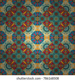Geometric hipster tiles background. Abstract retro seamless pattern of geometric shapes. Colorful mosaic backdrop in orange, blue and green colors. Vector illustration.