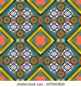 Geometric hipster tiles background. Vector illustration. Abstract retro seamless pattern of geometric shapes. Colorful mosaic backdrop in brown, blue and green colors.