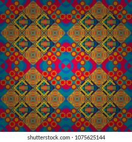 Geometric hipster tiles background. Vector illustration. Abstract retro seamless pattern of geometric shapes. Colorful mosaic backdrop in yellow, orange and blue colors.