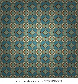 Geometric hipster tiles background. Vector illustration. Abstract retro seamless pattern of geometric shapes. Colorful mosaic backdrop in blue, green and brown colors.