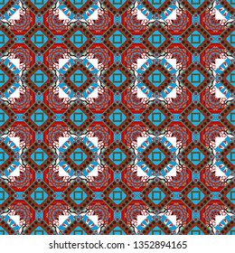 Geometric hipster tiles background. Vector illustration. Abstract retro seamless pattern of geometric shapes. Colorful mosaic backdrop in brown, red and blue colors.