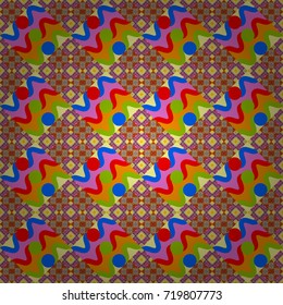 Geometric hipster tiles background. Vector illustration. Abstract retro seamless pattern of geometric shapes. Colorful mosaic backdrop in red, pink and yellow colors.