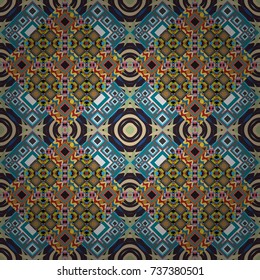 Geometric hipster tiles background. Vector illustration. Abstract retro seamless pattern of geometric shapes. Colorful mosaic backdrop in gray, blue and brown colors.