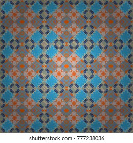 Geometric hipster tiles background. Vector illustration. Abstract retro seamless pattern of geometric shapes. Colorful mosaic backdrop in orange, blue and gray colors.