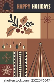 Geometric holiday card featuring modern designs of holly, ornaments, and a Christmas tree. Perfect for festive greetings or digital use with minimalist and elegant style.