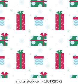 Geometric holiday pattern with multicolored gift boxes and snowflakes on white background