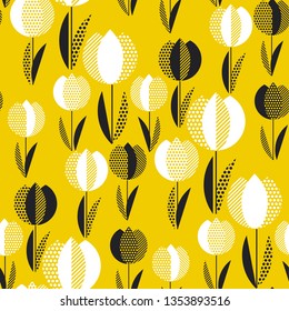 Geometric holland tulip flower seamless pattern. Cool bright yellow geometric floral vector illustration for fabric, wrapping paper, background.