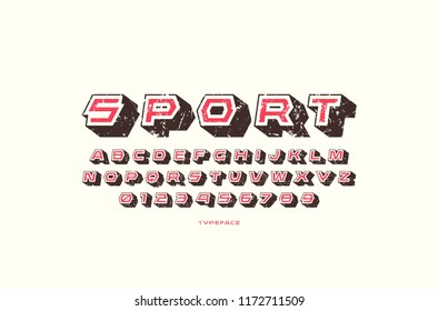 Geometric hollow sans serif font with drop shadow. Letters and numbers with vintage texture for sticker and logo design. Color print on white background