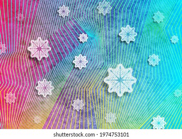 Geometric holographic Christmas background with snowflakes and refracted lines. Vector design