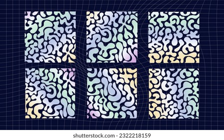 Geometric holographic frame shapes on a black background. Abstract backgrounds, patterns, cyberpunk elements in trendy psychedelic rave style. Retro-futuristic aesthetics of the 2000s.