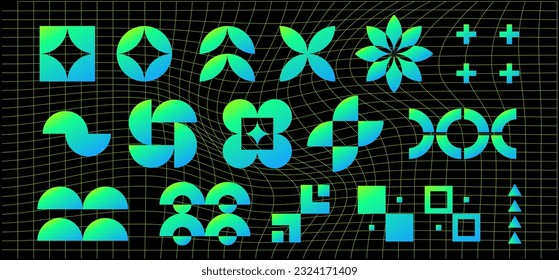 Geometric holographic frame shapes on a black background. Abstract backgrounds, patterns, cyberpunk elements in trendy psychedelic rave style. Retro-futuristic aesthetics of the 2000s.