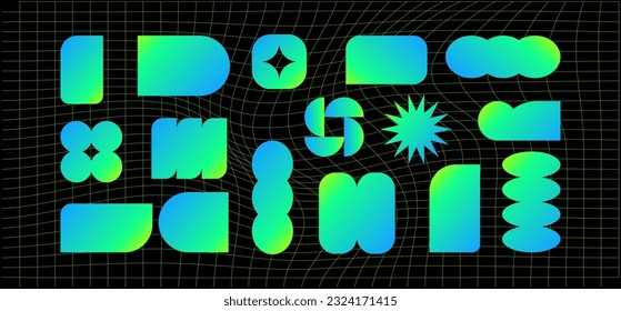 Geometric holographic frame shapes on a black background. Abstract backgrounds, patterns, cyberpunk elements in trendy psychedelic rave style. Retro-futuristic aesthetics of the 2000s.
