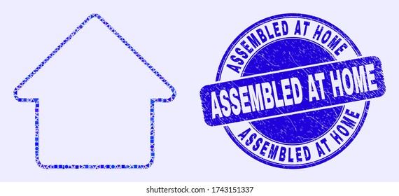 Geometric home mosaic pictogram and Assembled at Home stamp. Blue vector round grunge watermark with Assembled at Home caption. Abstract mosaic of home composed of spheric, tringle,