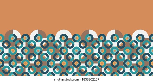Geometric horizontal border with circles and semicircles. Modern Truchet repeat design. Vector seamless pattern for wallpapers, web page backgrounds, surface textures, fabric, carpet, home décor.