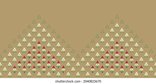 Geometrische horizontale Grenze mit kleinen Weihnachtsbäumen mit roten Kappen. Abstrakte, saisonale, nahtlose Vektorgrafik für Wickelpapier, Innendekoration und stationäre Bearbeitung.