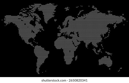 Mapa geométrico de pontos horizontais com continentes de mundo detalhados em um quadro quadrado. Um elemento de desenho cartografia mínimo. Perfeito para projetos gráficos focados em alcance global.