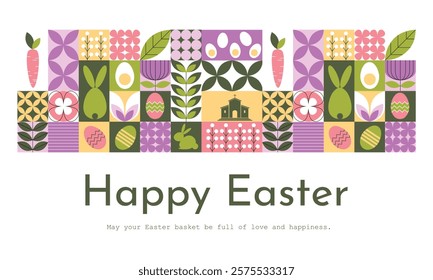 Geometric horizontal Easter banner with traditional symbols - such as Easter bunny, Easter eggs, church. Modern minimalist Easter greeting card. Vector illustration