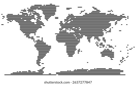 Geometric horizontal line shape world map including Africa, the Middle East, and South America. Realistic line shape world map feathering abstract country boundary in dotted shape. Cartographic shape