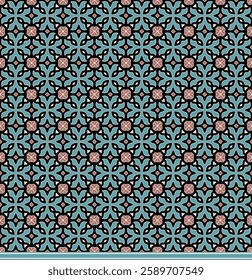 Geometric Horizontal Pattern - Abstract Cross and Flower (Cream, Black, Peach, Blue) - Horizontal Repeating Vector Image; Easily Editable; Endless Design; Colorful lIlustration. Print for Gift Paper, 