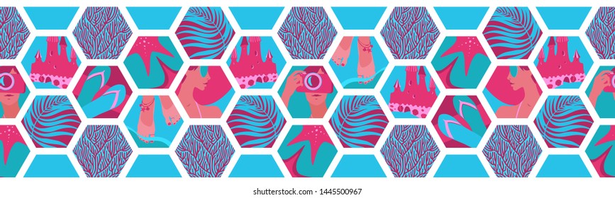 Geometric horizontal seamless border with summer time hexagon shapes. Vector tropical sea relax blue and pink tiles, beach holiday and travel tourism illustration.