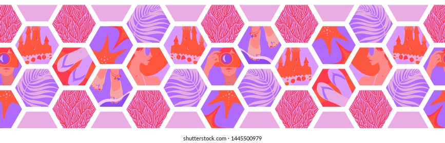 Geometric horizontal seamless border with summer time hexagon shapes. Vector tropical sea relax coral, pink, lilac tiles, beach holiday and travel tourism illustration.