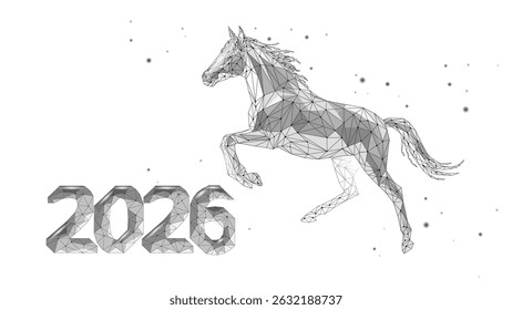 Geometric Horse illustration runs in space 2026 Horoscope Year. Chinese Animal of New Year. Technology designs and futuristic projects. Low poly style with white background