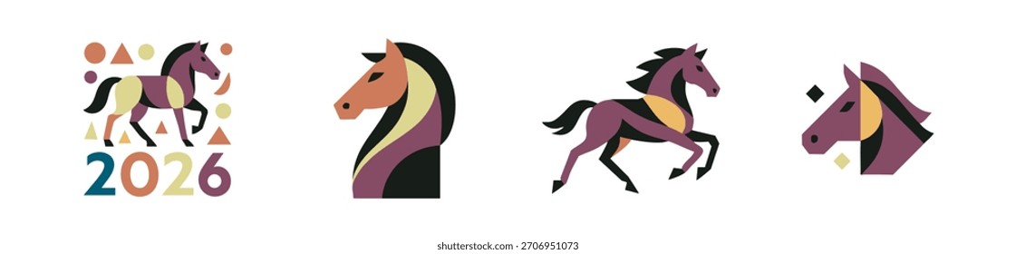 Geometric Horses Representing a Future Year with Graphic Elements on White