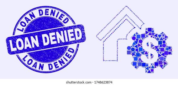 Geometric house financial settings mosaic pictogram and Loan Denied seal stamp. Blue vector round scratched seal stamp with Loan Denied title.