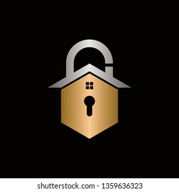 Geometric house and key logo, icon. Clean design of real estate security symbol. Logo - Vector - Template